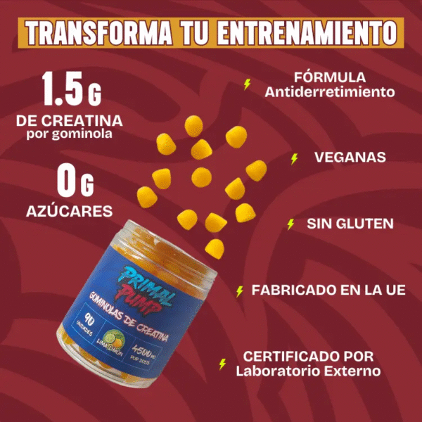 Gominolas de Creatina 4,5g - Primal Pump - Creatina en Gominola - Gomitas de Creatina Monohidratada Sin Az??car Sin Gluten -F??ciles de Llevar - Suplementos Hombre y Mujer - Suplementos Gym - Suplementos Deportivos - Amino??cidos - Fuerza, Hipertrofia y Foco - Image 7